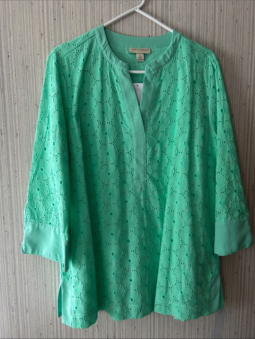 Appleseed's Seafoam Eyelet Split-Neck Tunic
